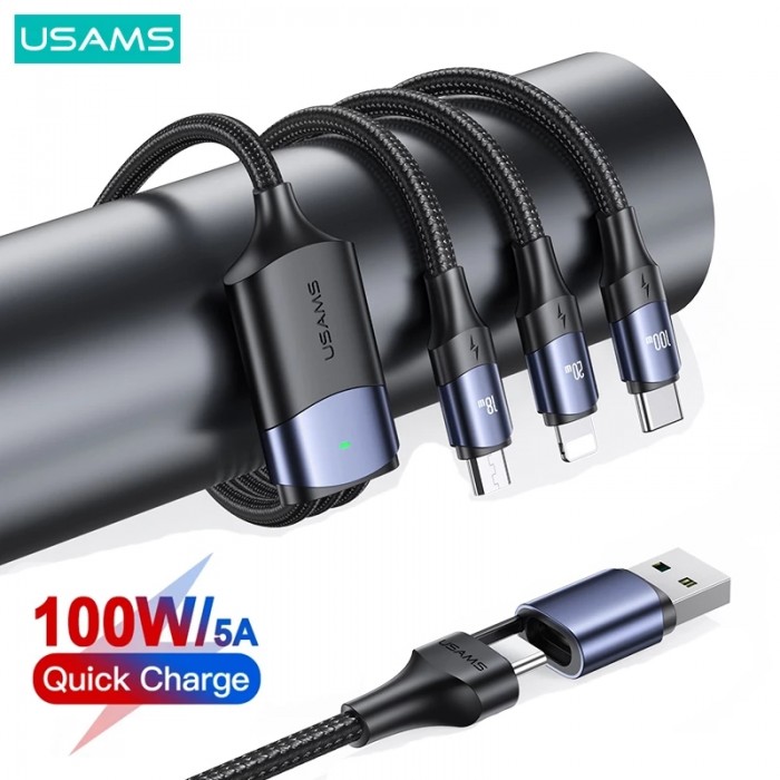 USAMS U71 100W 3 In 2 Fast Charging Data Cable For iPhone 14 13 12 Mini Pro Max MacBook iPad Air Pro Xiaomi OPPO Huawei Samsung-4972454